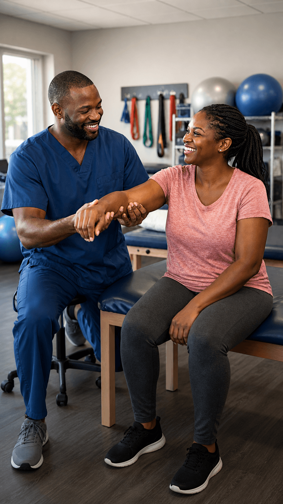 Physiotherapist assisting a patient with an arm movement